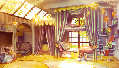 Game Art Fantasy interior bedroom design with summer beach and winter star theme in the evening turn on the light, Digital CG Artwork, Vtuber background, Anime background	
