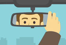 Male Car Driver Adjusting Rear View Mirror In A Car. Close-up Of A Driver Looking At Rear Mirror. Flat Vector Illustration Template.