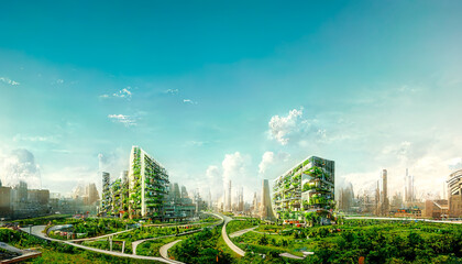 Spectacular eco-futuristic cityscape ESG concept full with greenery, skyscrapers, parks, and other manmade green spaces in urban area. Green garden in modern city. Digital art 3D illustration.