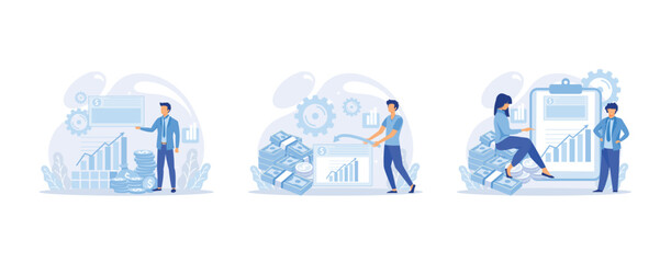 Capital gain, net income, monetary profit and growing graph up. Economic growth, income from investments, Difference between purchase price of an asset and its sale price, set flat vector modern illus