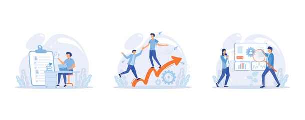 Employee performance evaluation, HR department, increasing employee engagement banners set. Fellow workers assessment concept. Staff management, empolyee development, set flat vector modern illustrati