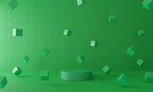 Green Podium With Square Box In The Green Room.3d Rendering.
