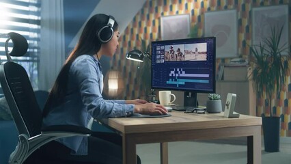 Wall Mural - asian woman in headphones editing video for blog or documentary or feature film about space in profe