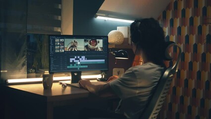 Wall Mural - man in headphones working remotely on pc from home office at night and editing video with astronauts