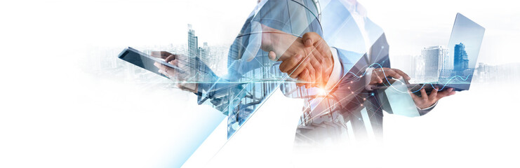 Leinwandbilder - Digital technology, Business network connection, Teamwork, Deal, Partnership and data exchange, Investment analysis, planning and  strategy. Businessman working with digital device on smart city.
