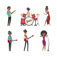 Sticker - Set of jazz musicians. People playing guitar and drum musical instruments and singing cartoon vector illustration