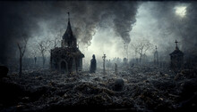 Night Scene With Creepy Church And Ghost. Digital Art For Halloween.