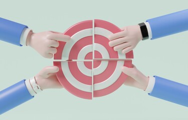 Multiple hands assembling pieces of target, team setting goal or business target, teamwork concept, 3d render illustration. 