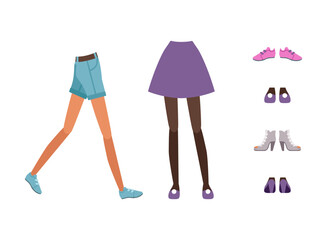 Poster - Legs of girl in skirt, shorts and shoes collection. Constructor for animation cartoon vector illustration