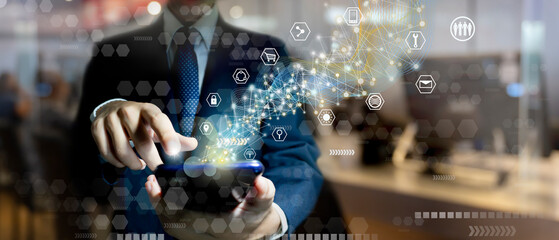 Businessman working smartphones technology, using mobile apps for online.