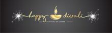 Happy Diwali Festival Of Light Gold Handwritten Calligraphy Typography Golden Diya Oil Lamp White Sparkle Firework Black Background