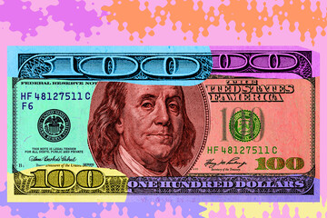 Contemporary artwork background with colored banknote. Digital texture backdrop. Trendy pop art fun culture. Neural network art poster. Funky punk collage design. Creative concept money illustration.