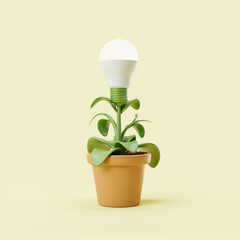 Plant with light bulb in pot on light background