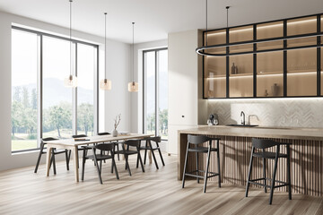 Modern kitchen interior with dining and cooking zone with countertop, window