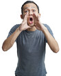 © Ibenk.88 - Close up portrait of a young asian man shouting loud with arm at his face isolated on studio background