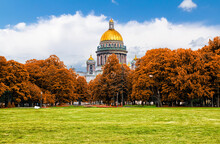 Famous St. Isaac Cathedral On Autumn Day. Picturesque View From The Senate Square On Summer Day. Saint-Petersburg, Russia