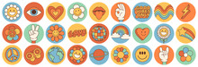 Groovy Hippie 70s Set. Funny Cartoon Flower, Rainbow, Peace, Love, Heart, Daisy, Mushroom Etc. Sticker Pack In Trendy Retro Psychedelic Cartoon Style. Isolated Vector Illustration. Flower Power.