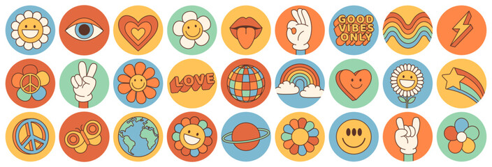groovy hippie 70s set. funny cartoon flower, rainbow, peace, love, heart, daisy, mushroom etc. stick