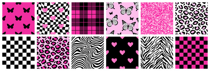 Y2k glamour pink seamless patterns. Backgrounds in trendy emo goth 2000s style. Butterfly, heart, chessboard, mesh, leopard, zebra. 90s, 00s aesthetic. Pink pastel colors.