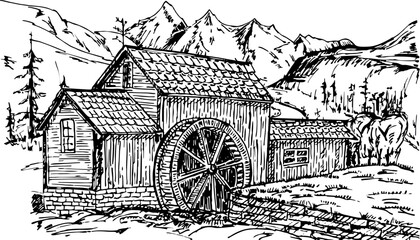 old water mill sketch. hand drawn old rustic mills. vintage illustration. river and mountains landsc