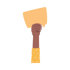 Aufkleber - People expressing different thoughts and opinions by raising placard, banner and thought bubble card. International character, hand showing blank paper. Vector in flat style illustration