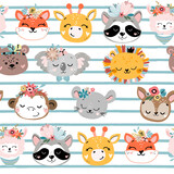 Fototapeta Pokój dzieciecy - Head funny animals boho style seamless pattern. Vector illustration on white background. T-shirt design