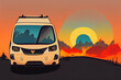 Travel van driving on sunset background. Camping car on the road. Cartoon style travel concept, neural network generated art