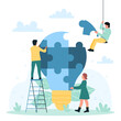 © Flash Vector - Business teamwork on creative light bulb puzzle vector illustration. Cartoon dedicated team of tiny people connecting pieces of big lamp together, partnership and creativity of office characters