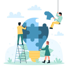 Business teamwork on creative light bulb puzzle vector illustration. Cartoon dedicated team of tiny people connecting pieces of big lamp together, partnership and creativity of office characters