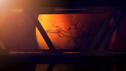 Wall Mural - Planet Mars from the window of a space station.