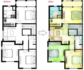 Wall Mural - Floor plan before after. Plan apartments before and after redevelopment with furniture.House interior. Black and White floor plan of a modern apartment. Unusual floor plan