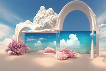 Natural Beauty Podium Backdrop For Product Display With Dreamy Cloud And Neon Light Background. Romantic 3d Seascape Scene