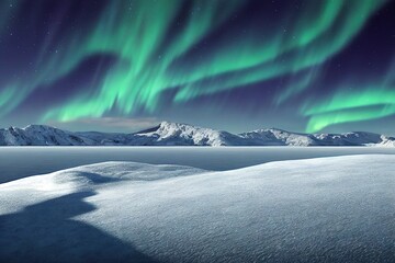 aurora borealis and happy man. starry sky, green polar lights. night landscape. northern lights