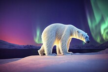 Polar Bear With Northern Lights, Aurora Borealis. Night Image With Stars, Dark Sky. Dangerous Looking Beast On The Ice With Snow, North Canada. Wildlife Scene From Nature