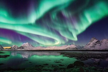 Aurora borealis and happy Man. Starry sky, green polar lights. Night landscape. Northern lights