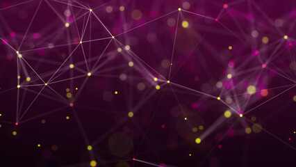 Wall Mural - Visualization of big data. The concept of network connectivity . Abstract pink background with lines and dots of different colors. 3D rendering.