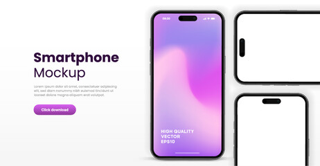 Poster - 3D realistic high quality smartphone mockup with isolated background. Smart phone mockup collection. Device front view. 3D mobile phone with shadow on white background.