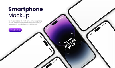 Wall Mural - 3D realistic high quality smartphone mockup with isolated background. Smart phone mockup collection. Device front view. 3D mobile phone with shadow on white background.