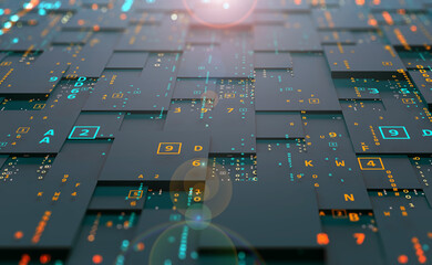 Fototapete - Datum and coding. Blocks of information, big data and business technology. Blockchain 3D illustration. Cyberspace Current Code Flow
