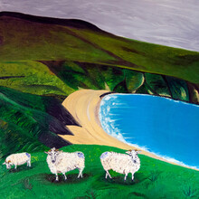 Oil Painting Sheep On The Beach By Artist Anastasiia Popova. Hand Drawn Funny White Sheep On Irish Silver Strand Beach (Malin Beg), Ireland. Painted Irish Landscape. Sheep Oil Portrait