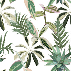 Floral seamless pattern, pink tropical  leaves on white background.