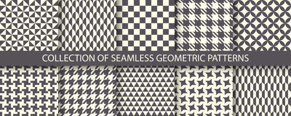 Collection of monochrome seamless geometric patterns. Trendy cloth endless prints. Repeatable unusual simple backgrounds