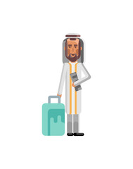 Sticker - Arabic businessman with travel bag and ticket in hands. Corporate business people isolated vector illustration.