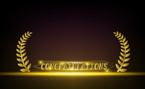 Congratulations with a laurel wreath next to it. Luxurious glittering gold represents victory. Business Presentation Vector Template Used For Decoration, Advertising Design, Website Or Publication