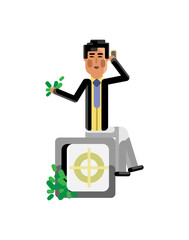 Sticker - Asian businessman with smartphone sitting on bank safe full of money. Corporate business people isolated vector illustration.