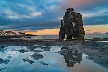 Hvítserkur is a 15 m high basalt stack along the eastern shore of the Vatnsnes peninsula, in northwest Iceland.