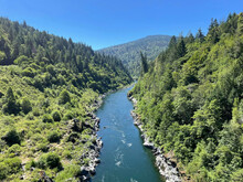 The Klamath River Flows Through Oregon And Northern California. Beautiful Sunny Day, View From Above.