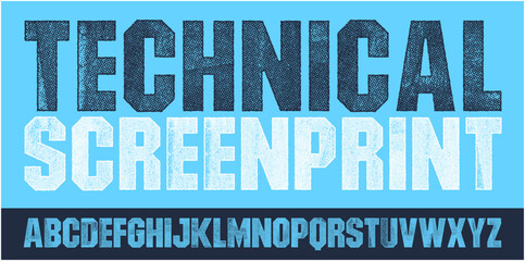 Technical, Geometric Bold Font with a screen print texture. Detailed individually textured characters with an eroded screen print texture. Unique design font