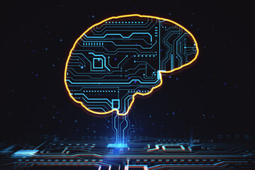 Wall Mural - Deep learning and artificial intelligence concept with digital micro circuit in human brain silhouette connected to motherboard on dark background. 3D rendering