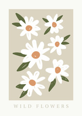 Simple Hand Drawn Illustration with White Wild Flowers on Light Green Background. Vintage Style Graphic. Design Ideal for Poster, Card or Invitation.